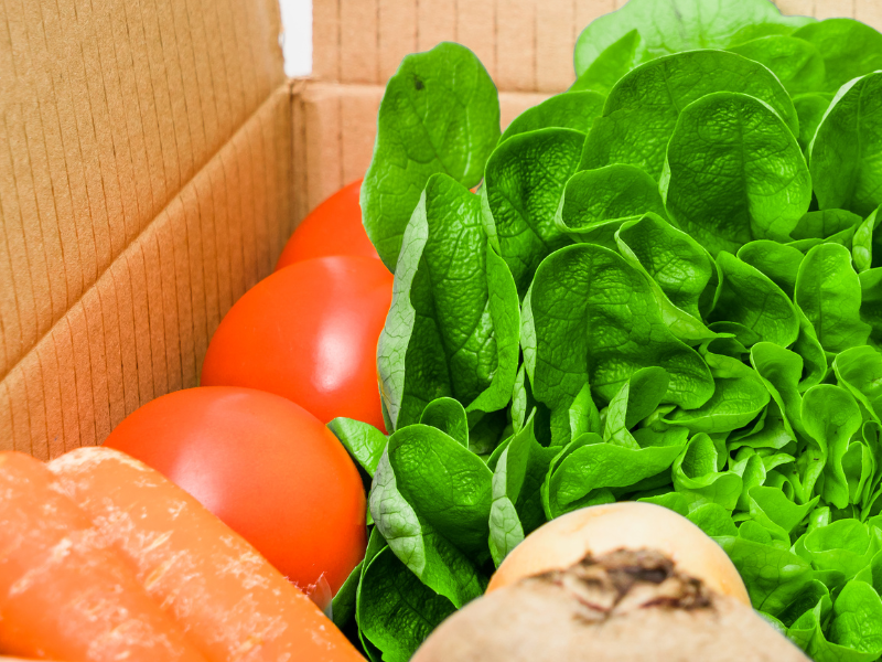 Fresh vegetables in a cardboard box, featuring vibrant red tomatoes, crisp green lettuce, orange carrots, and a brown mushroom, highlighting a healthy and organic food selection.
