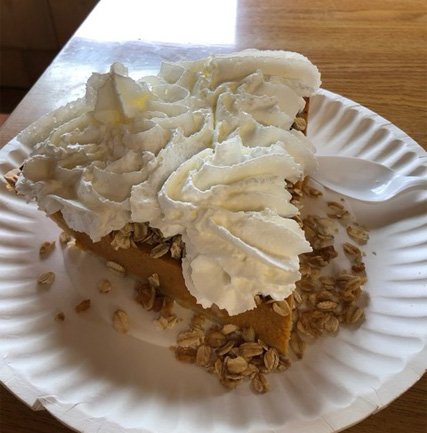 img-0200 (1) Slice of pumpkin pie topped with whipped cream and sprinkled with oats on a paper plate, accompanied by a plastic spoon.