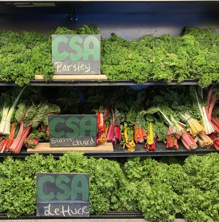 Fresh produce display featuring parsley, Swiss chard, and lettuce, labeled with "CSA" signs, showcasing vibrant greens at a local farmer's market.