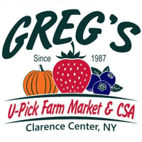 Logo of Greg's U-Pick Farm Market and CSA, established in 1987, featuring a strawberry, pumpkin, and blueberries, located in Clarence Center, NY.